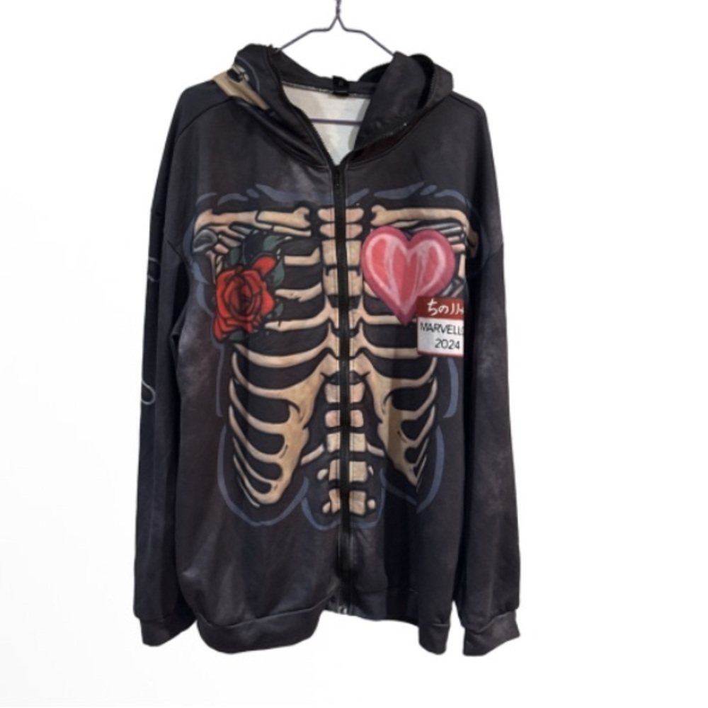 Romwe Black Skeleton Heart full zip gothic Hoodie